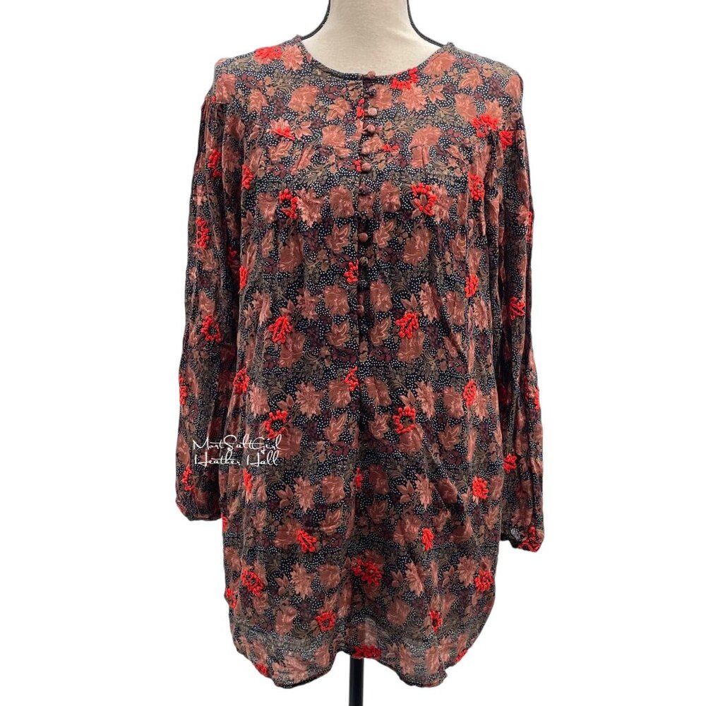Zara Trafaluc Collection Vintage Style Embroidered Floral Button-Down Tunic Top